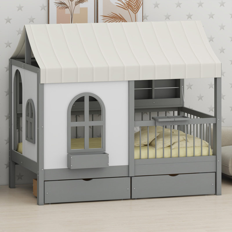 Lit Modern House avec grands tiroirs sous le lit, tablette latérale et lumières DEL