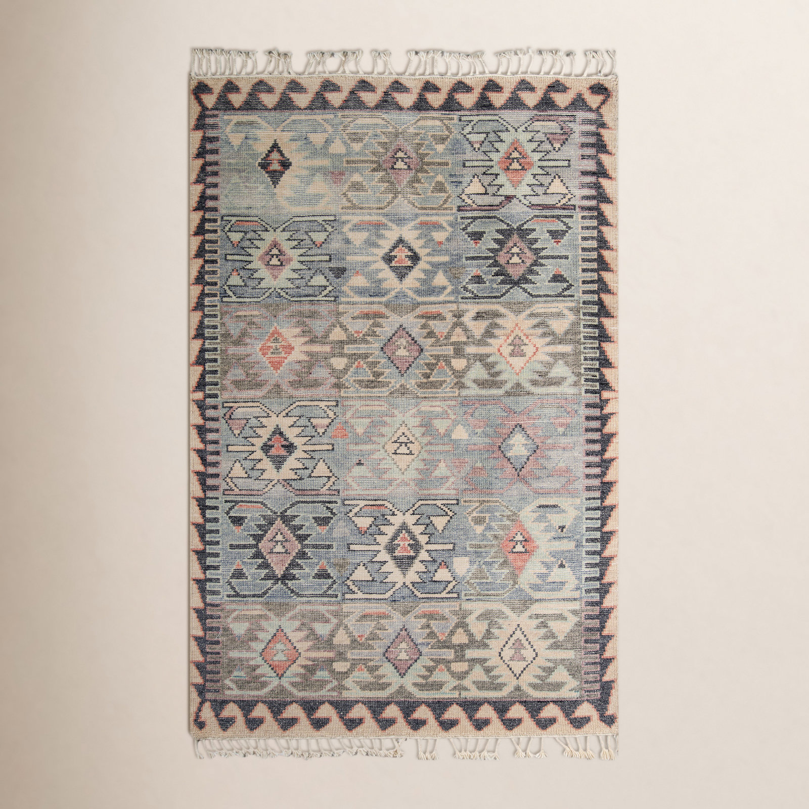 Blue Brown Beige Hand-Knotted Wool Rug, Rectangle 8' X 11'