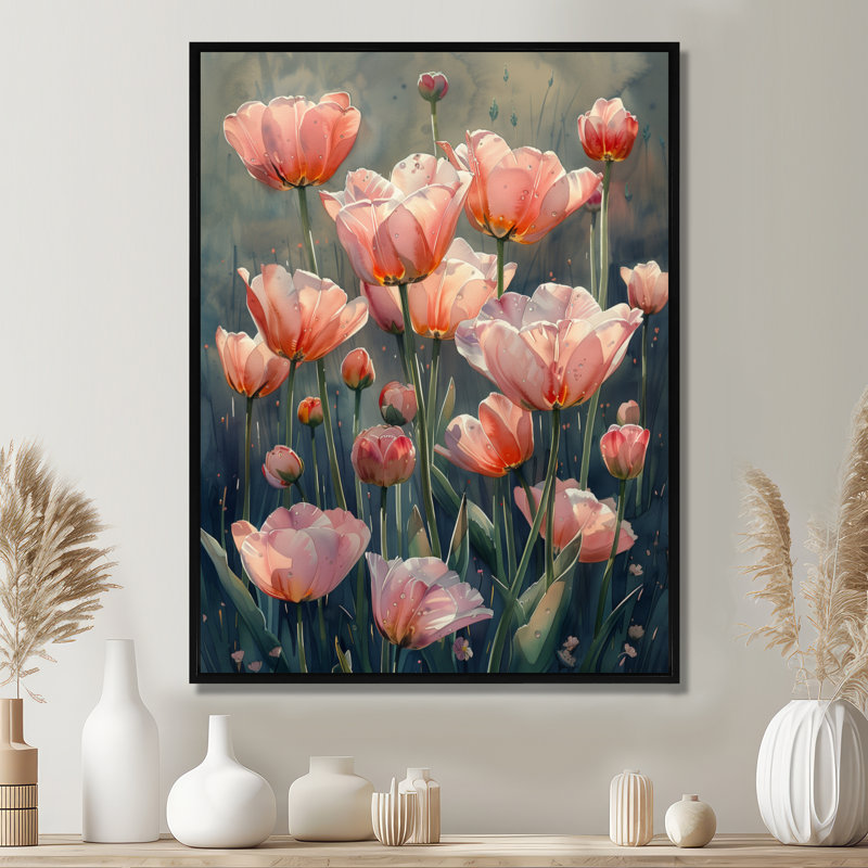 Décoration murale tulipes roses et vertes, Cadre flottant noir, bois massif, H 30 po x l 40 po