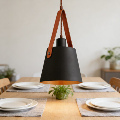 Mini luminaire suspendu contemporain avec sangle en cuir, cordon de suspension réglable pour plafonds inclinés, finition bronze noir