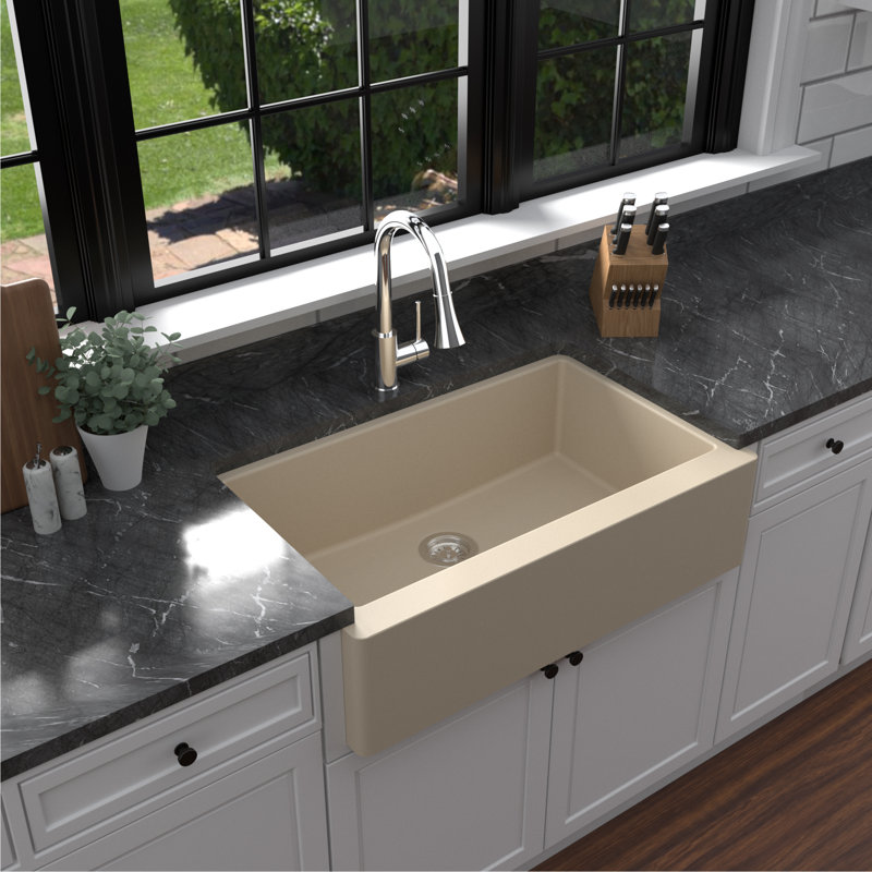 Karran Farmhouse/Apron-Front Quartz Composite 34'' X 21-1/4'' Single Bowl Kitchen Sink, Matte Bisque