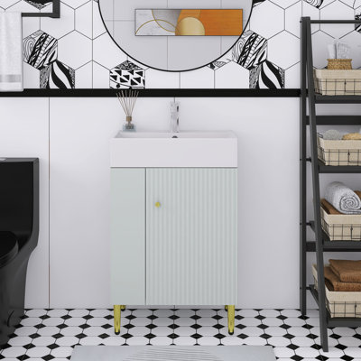 Meuble-lavabo autoportant de 22 po avec lavabo simple en céramique et porte à fermeture en douceur, rangement à gauche