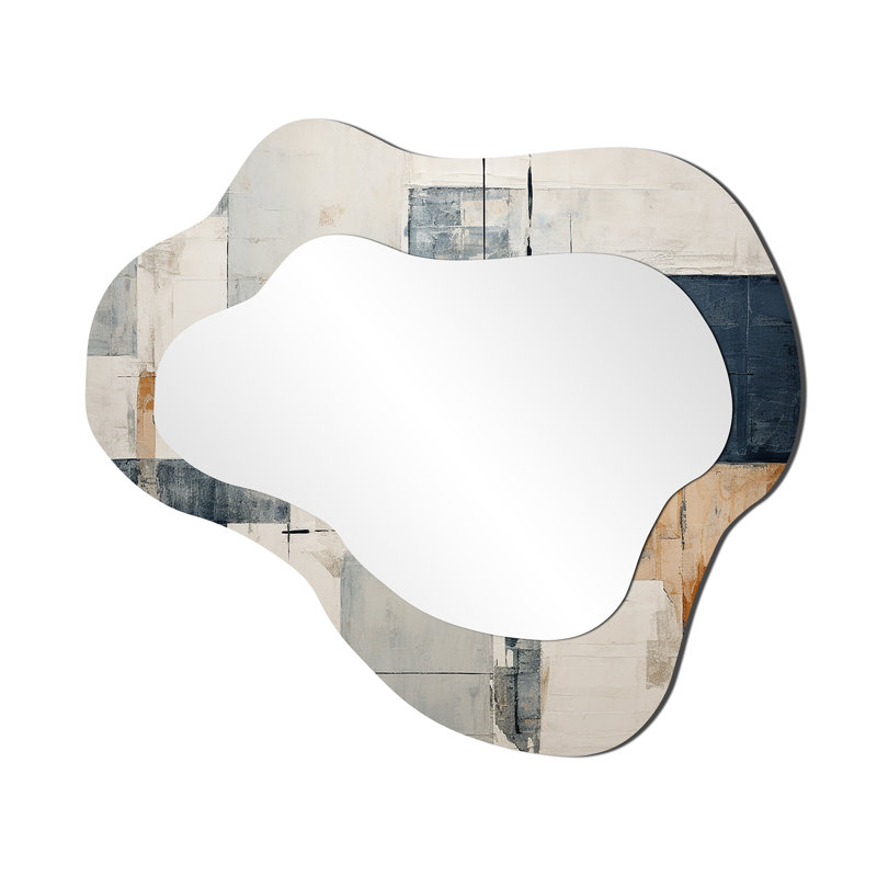 Veator Abstract Blue Beige Road Collage I - Abstract Collages Asymmetrical Decorative Wall Mirror, Modern Cloud Mirror, Printed Metal Art