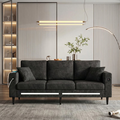 Canapé moderne 78 po en velours côtelé 78 po avec lumière DEL ambiante, port de charge USB et pochette de rangement latérale