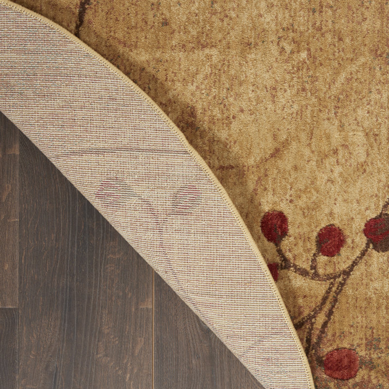 Tapis taupe, beige et rouge à motif floral Arnim, Rond 3 pi 6 po
