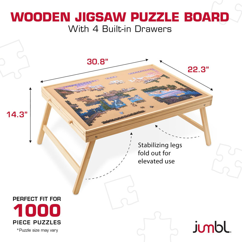 Jumbl 1000-Piece Puzzle Board with Drawers, Foldable Legs & Cover - Wooden Jigsaw Puzzle Table, 14.3" H x 22.3" W x 30.8" L