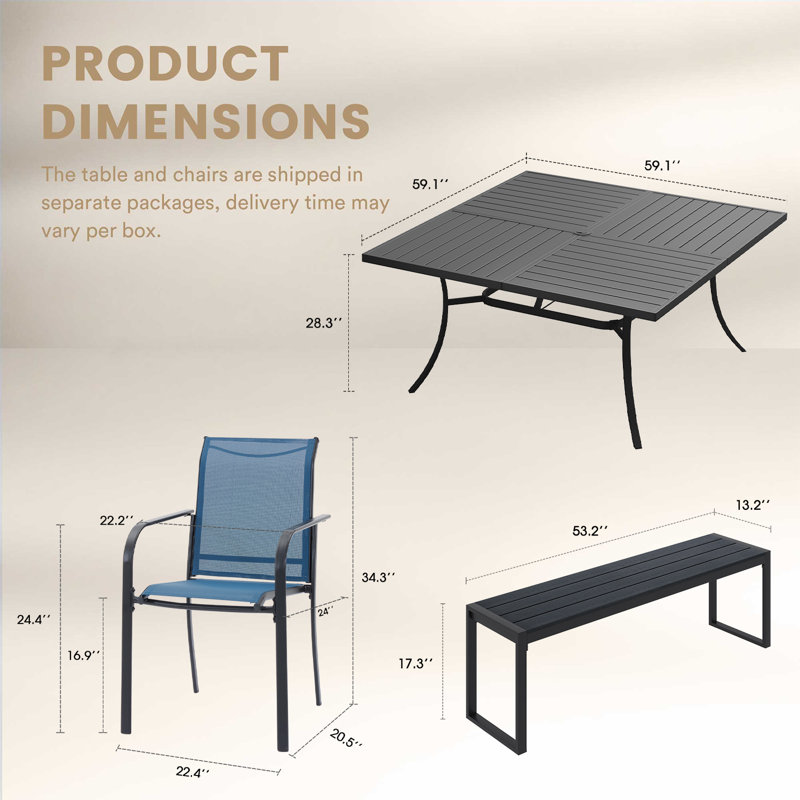 Ensemble repas carré 59,1 "avec banc, Bleu, Noir, noir, noir, noir