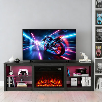 70" Fireplace TV Stand with Marble Top, Power Outlets & LED Lights