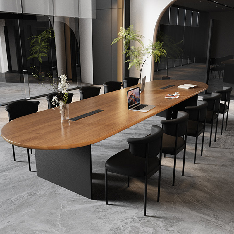 Table de conférence brun noyer + bois massif ovale noir + fer, H 29,53 po x L 110,24 po x l 39,37 po