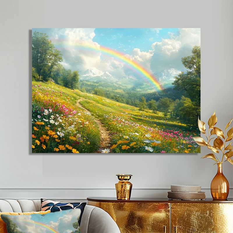 Rainbow Over The Meadow In Spring II - Rainbow Metal Wall Art For Living Room, H 30 po x l 40 po