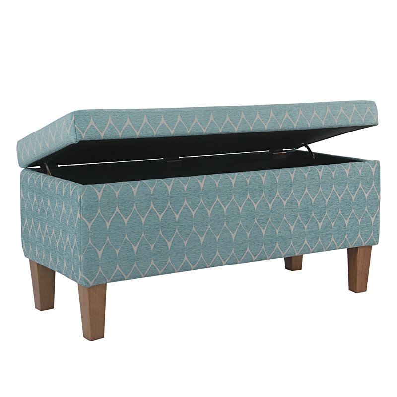 Banc de rangement en tissu texturé Genoveva, Géométrique sarcelle, Noyer foncé
