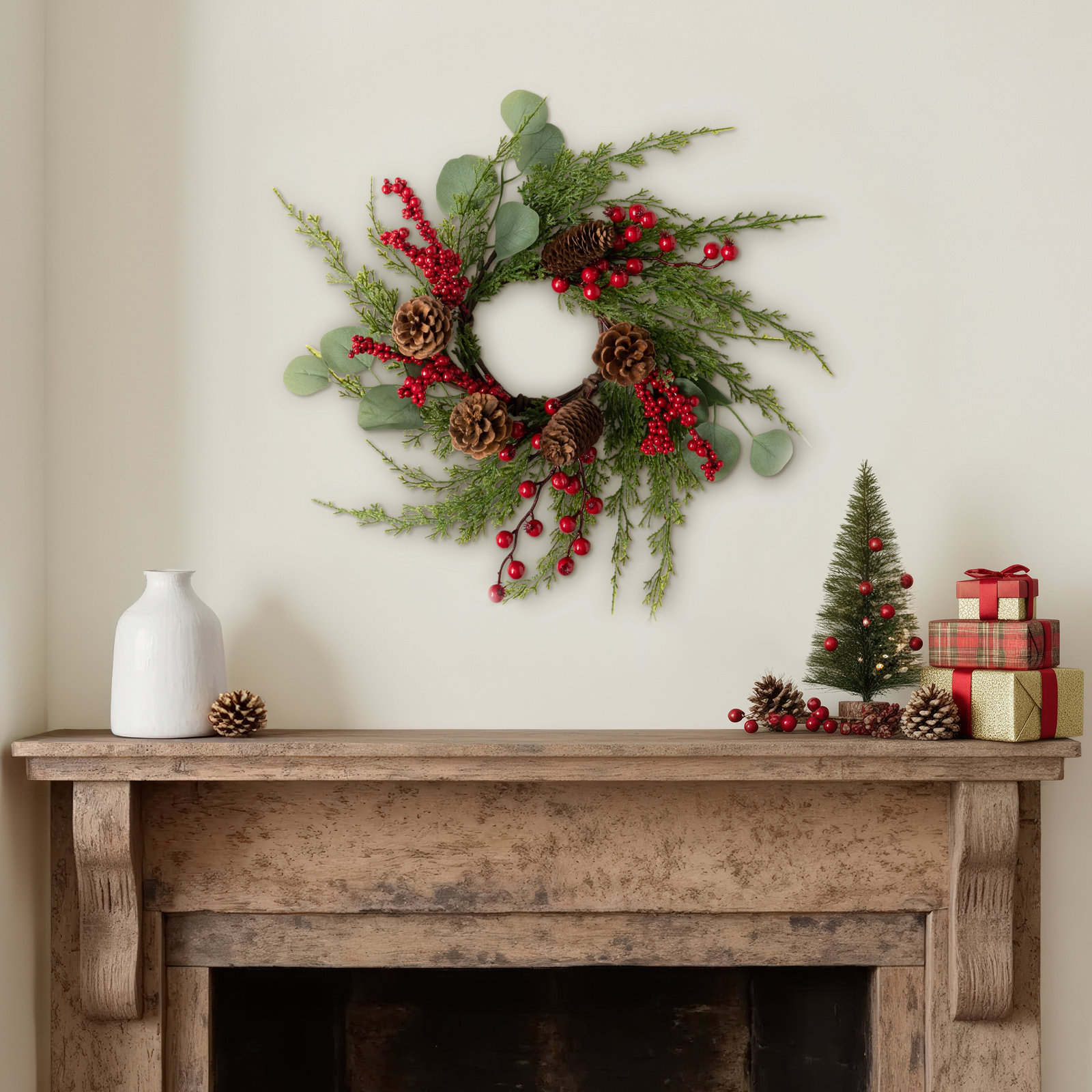 Faux Cedar Polyethylene Plastic Wreath, 15" H x 15" W x 3.5" D