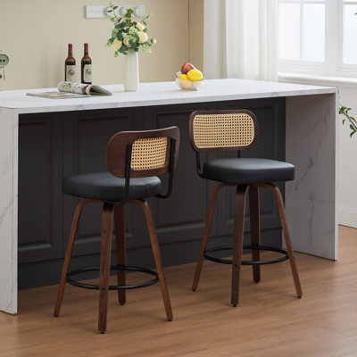 Set of Two Counter Height Bar Stools with Rattan and Cane Design, Upholstered Seats, Swivel Function, Ideal for Kitchens and Bars by Bayou Breeze