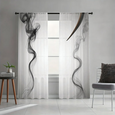 2 rideaux filtrant la lumière à motif abstrait de fumée ondulée noire et grise, décor d'art contemporain, passe-tringle facile à suspendre, habillage de fenêtre toutes saisons pour salon, chambre à coucher, dortoir, bureau