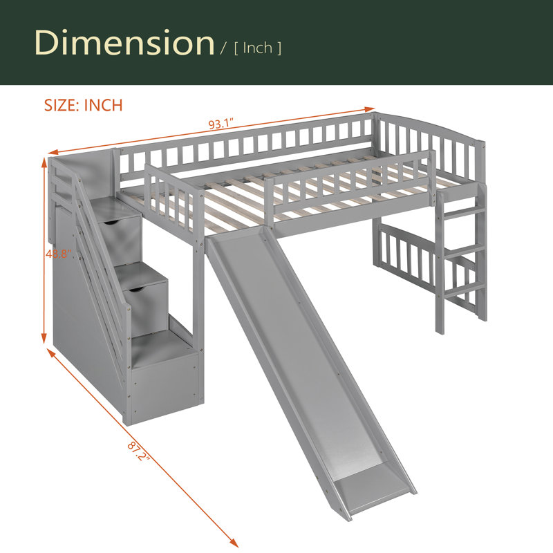 Lit mezzanine simple avec deux tiroirs et glissière Stairway, Gris