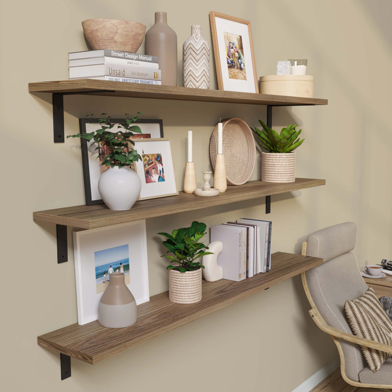 60" Long 10" Deep Rustic Wall Shelves, Floating Bookshelf For Room Decor, Long Wooden Shelves, Home Organization, Farmhouse & Boho Decor, Burnt, 3 Pcs