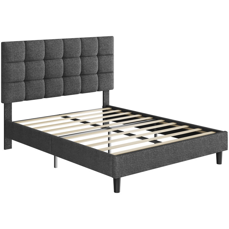 Size Modern Upholstered Bed Frame with Adjustable Square Tufted Headboard, Kingsize (5'), Dark Grey