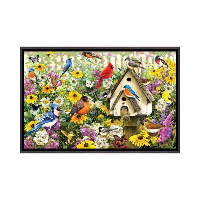"Chapel Birds" par Greg & Company, impression, Pas de tapis, H 26 po x l 40 po x 1,5 po, Toile avec cadre noir patiné