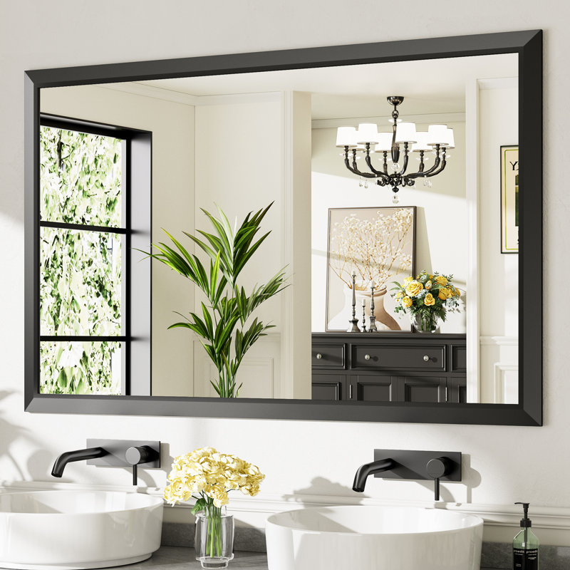 Miroirs de salle de bain modernes et contemporains en métal biseauté rectangulaire / carré avec verre trempé HD, Noir mat