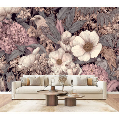 Papier peint pelez et collez, détail de fleurs sauvages apaisantes aux tons doux, décorations murales botaniques légères dorées H 69 po x l 96 po, papier peint amovible en PVC, adhésif pour chambre à coucher, bureau à domicile