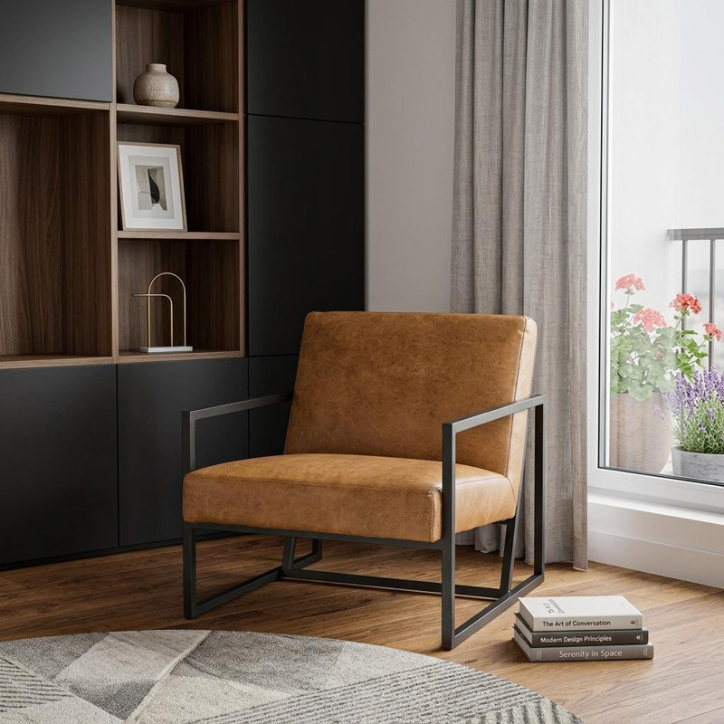  Fauteuil brun en similicuir vieilli avec détails noirs