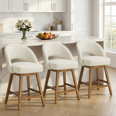 26.4" Swivel Counter Bar Stool With Pocket Spring Cushion & Solid Wood Legs, Upholstered Armless Barstools (Set of 3)