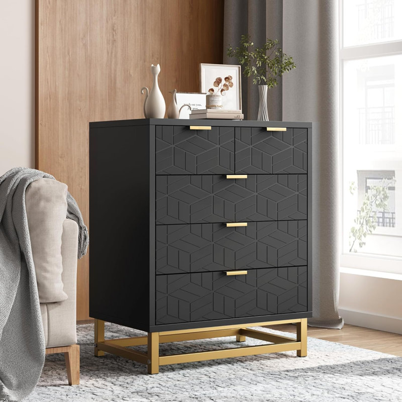 5 Drawer Dresser, With Gold Metal Handles, Black