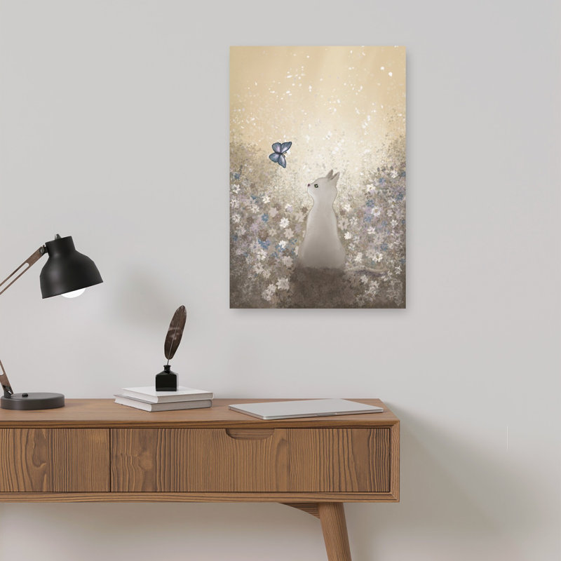 Curious Cat Butterfly Abstract Contemporary Butterfly Bird Cat Summer Flower Wall Art Print 1 Piece Wrapped Canvas Wall Art