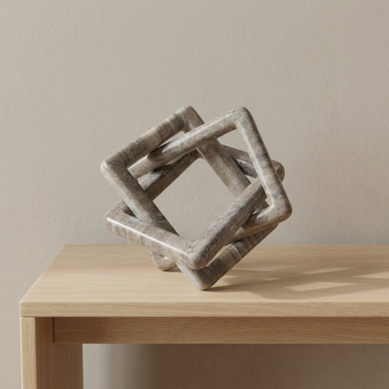 Decorative Interlocking Marble Sculpture Figurine For Home Decor - Modern Geometric Knot Statue Decorations For Living Room And Table Styling - Beige