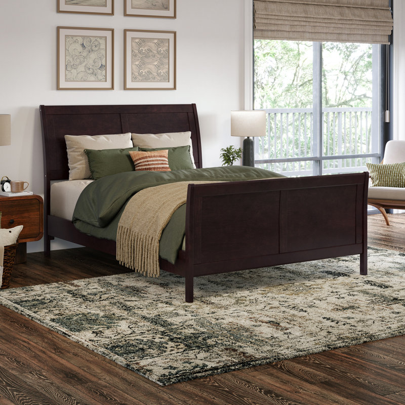 Arite Solid Wood Low Profile Sleigh Platform Bed with Matching Footboard, Espresso, Full