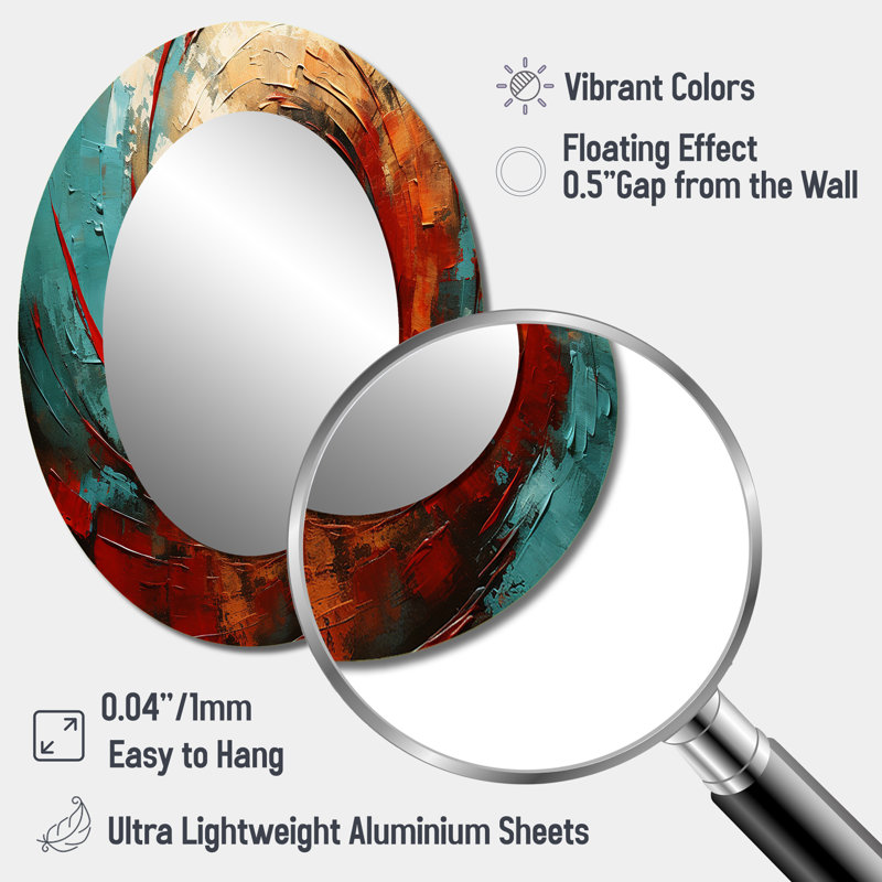 Rouge bleu majestueux mouvement spirale IV - grand miroir mural ovale sur métal, 40 po x 30 po