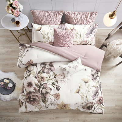 Édredon très grand Blush - coton 8 pièces avec imprimé floral à grande échelle et attrait de chambre à coucher