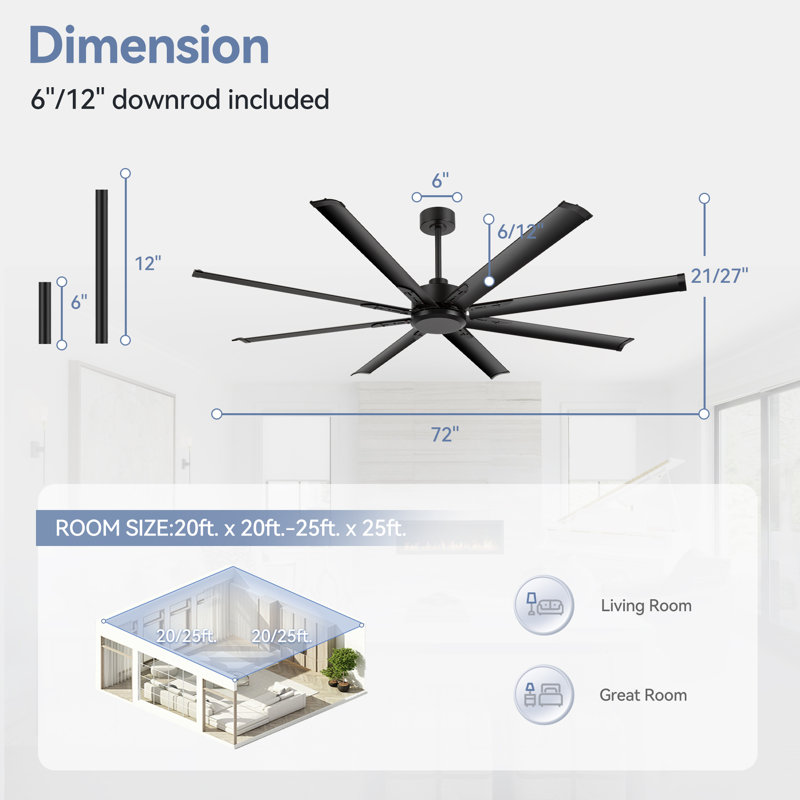 96 Inch Black Industrial DC Motor Ceiling Fan, Large Ceiling Fan With 8 Reversible Blades, 6-Speed Remote Control, Home Or Commercial Ceiling Fans For Porch/Garage/Shop