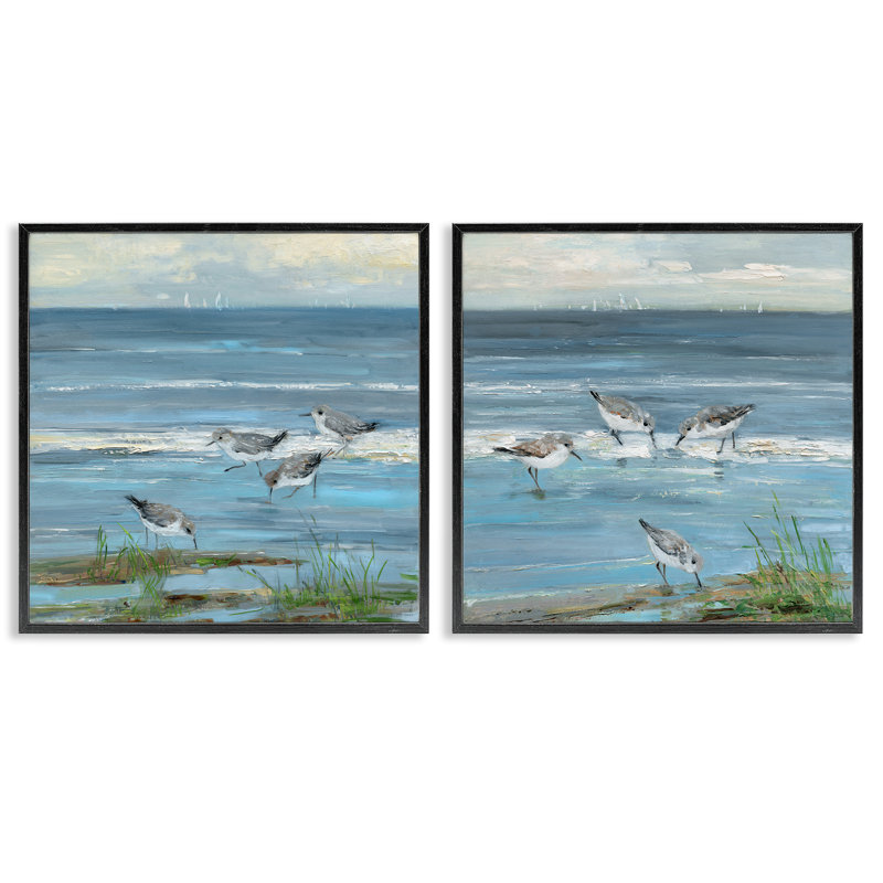 «Beach Shore with Sandpipers & Graminées», ensemble de 2 impressions sur toile encadrées, design par Sally Swatland
