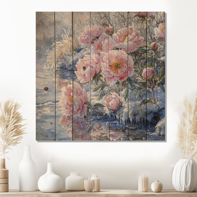 Pivoines par la rivière gelée II - Art mural en bois pivoines - sur bois de pin naturel