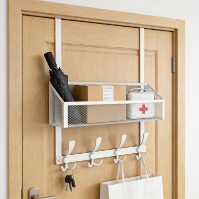 Over The Door Hooks Organizer With Storage Basket - Heavy Duty Stainless Steel Towel Rack And Coat Hanger For Bathroom, Bedroom, Kitchen, And Office Door