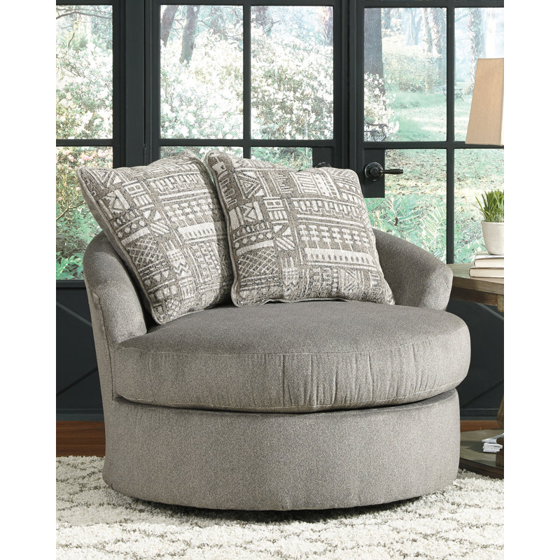 Gray Microfiber Swivel Barrel Chair with Geometric Pillows