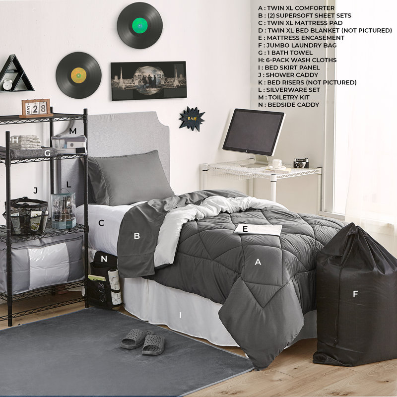 44 Piece College Dorm Bedding And Essentials Package, Gray/Off White