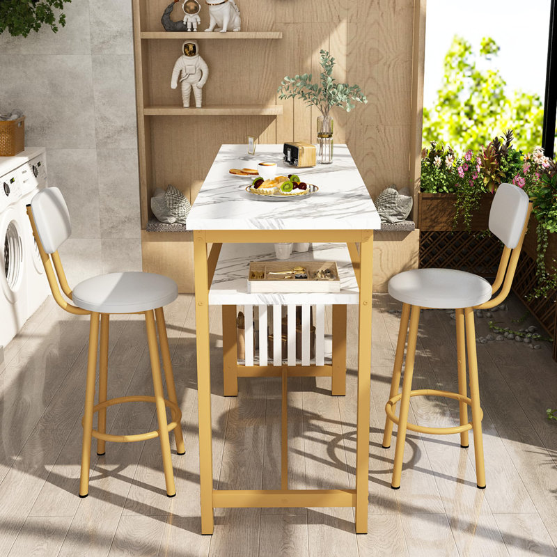 Modern 3-Piece Bar Table Set with PU Cushion Stools & 3-Tier Storage, Gold/White