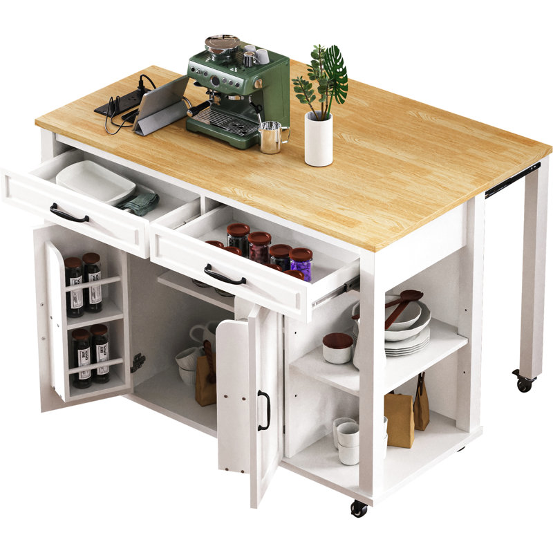 47.2" Kitchen Island With 13.8" Back Extendable Table, Rubber Wood Veneer, Internal Storage, Power Provision Supply, White