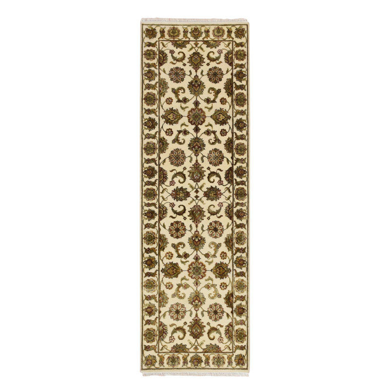 Tapis de couloir oriental blanc 2 pi 7 po x 8 pi 3 po Photon, Rajasthan avec motif de feuilles, noué à la main, laine et soie, épais et moelleux, tissé dense