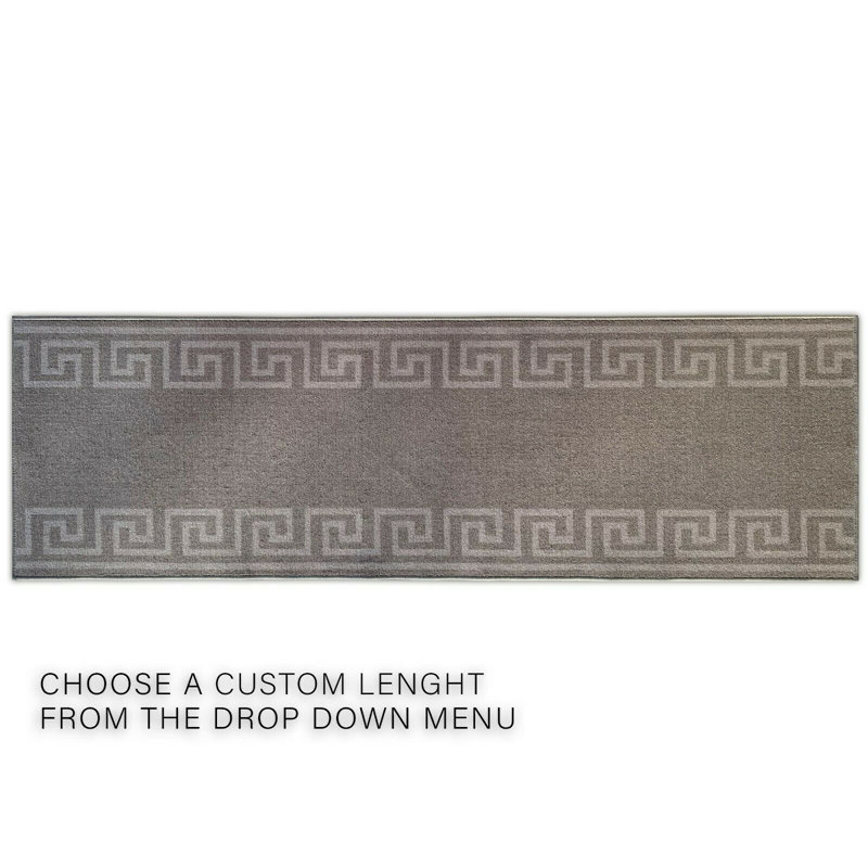 Tapis de couloir de taille personnalisée 26 pouces de large Choisissez votre longueur Conception grecque de méandre gris