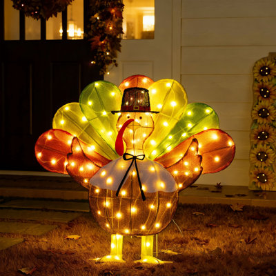 35.5"L 2.5D Thanksgiving Lighted Fabric Turkey Outdoor Décor with 100 warm White LED Lights （KD）