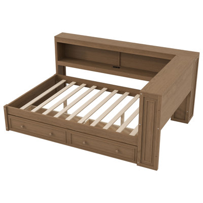 Full Size Wood Daybed with Storage Drawers, Shelves, USB, and LED Lighting, Antique Wood Color