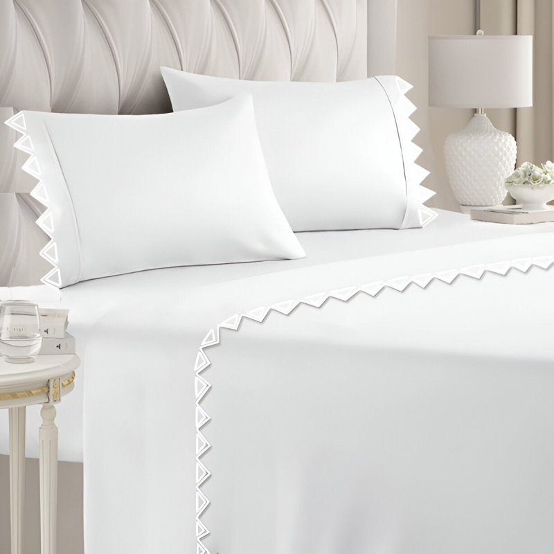 Ashley 400TC Cotton Traingle Embroidery Cotton 4 Piece Sheet Set Fitted Sheet Fits Upto 16" Deep Pocket, Full XL Sheet Set