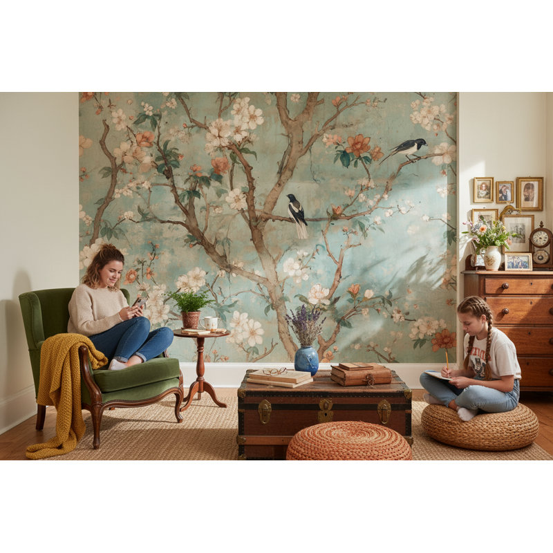 Papier peint floral rétro bleu sarcelle, l 100 po x L 96 po