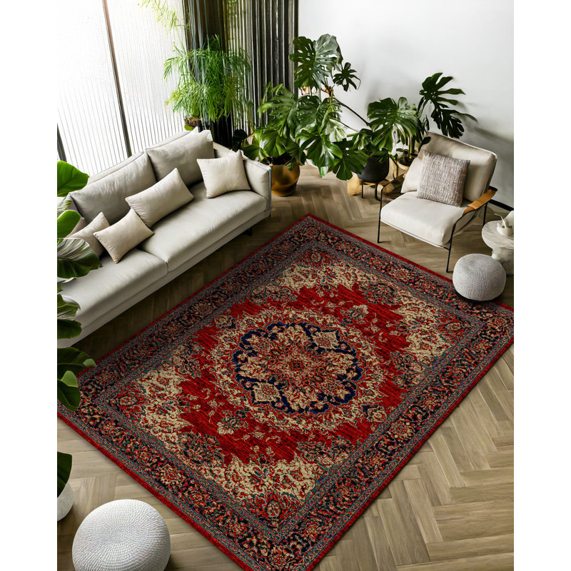 Guria Burgundy/Brown Oriental Vintage Look Machine Printed Cotton Chenille Area Rug, Runner 4' x 13'2"