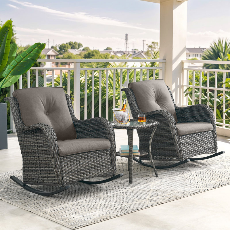 Ensemble de chaises berçantes d'extérieur en osier avec table d'appoint Bonia, Gris, Gris