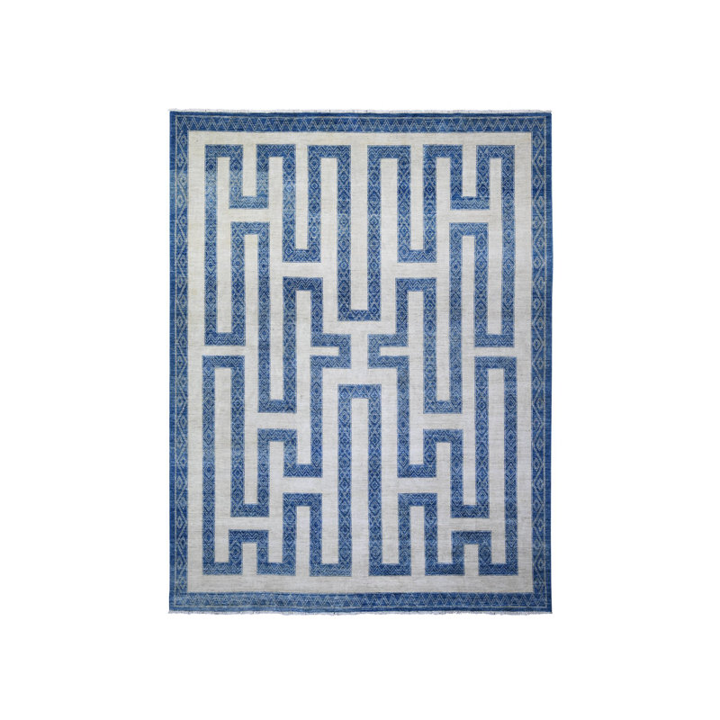 Tapis bleu en laine noué à la main 9 pi 1 po x 11 pi 8 po Peshawar D4E8336297634B5BA967BD70983E7EC8