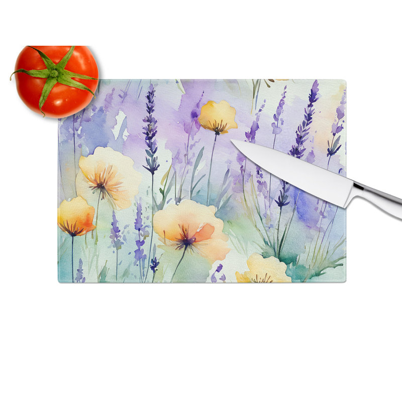 Lavender and Poppies Watercolor Glass Cutting Board 15x12